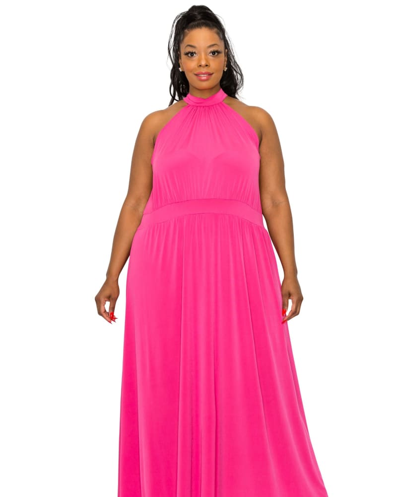 Front of a model wearing a size 2X Halter Neck Dress in Fuchsia by L I V D. | dia_product_style_image_id:274929